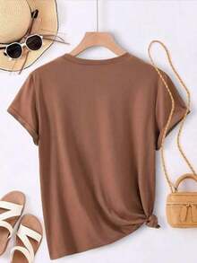 Women's Premium Knit T-Shirt With Heart Detail And Round Neck, 100% Cotton, Comfortable, Women's Fashion - Rỉ Nâu - Xem 3
