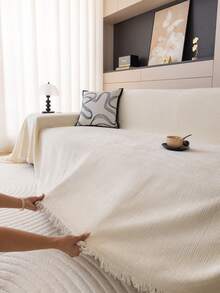 1pc Polyester Chenille Solid Color Classic Sofa Cover Blanket, Pet-Friendly, Anti-Scratch, Non-Slip Sofa Protector, Machine Washable, For Bedroom, Office And Home Decor, All Season Sofa Pad - Beige - View 6