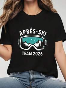 2026 Apres-Ski Team Casual Ski Goggle Snowscape Letter Print Women'S T-Shirt | Short Sleeve Crew Neck, Medium Stretch Fabric, Ideal For Spring/Summer Women's Plus Size Loose Fit T-Shirt - Soft Breathable Premium Cotton Casual Tee, Curvy-Friendly Non-Clinging Top For Daily Wear & Errands - màu đen - Xem 1