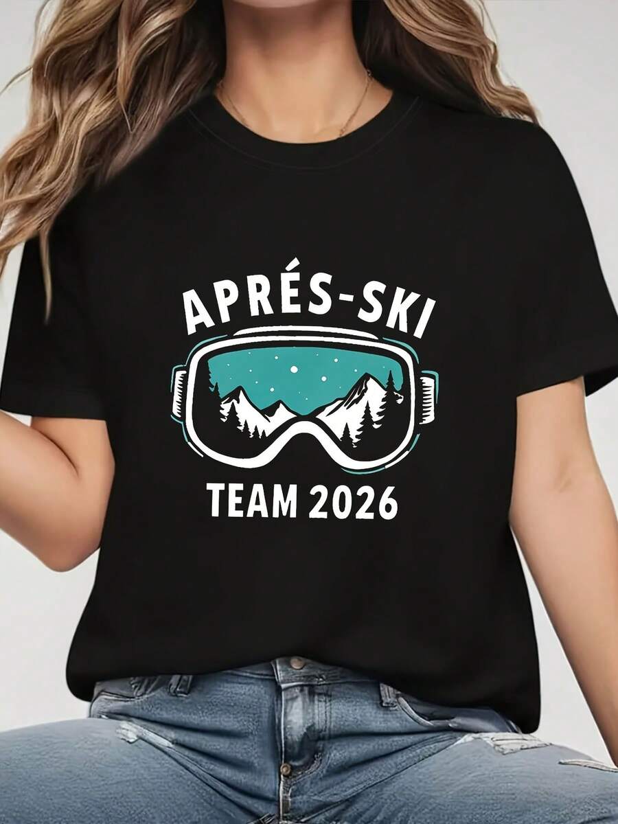 2026 Apres-Ski Team Casual Ski Goggle Snowscape Letter Print Women'S T-Shirt | Short Sleeve Crew Neck, Medium Stretch Fabric, Ideal For Spring/Summer Women's Plus Size Loose Fit T-Shirt - Soft Breathable Premium Cotton Casual Tee, Curvy-Friendly Non-Clinging Top For Daily Wear & Errands - màu đen - Xem 1
