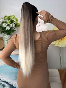 爪形马尾假发，棕色，26英寸长，直发，耐热纤维合成马尾假发，适合女士派对和日常佩戴。 - 棕色 - 查看 16