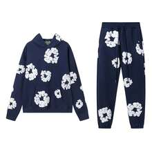 Denim T Gothic Peony Print Sweatsuit Set 2025, Hip Hop Streetwear Oversized Hoodie & Joggers, Y2K Retro Graphic Lounge Set, Unisex Autumn Winter Daily Wear - Navy Blue - View 1