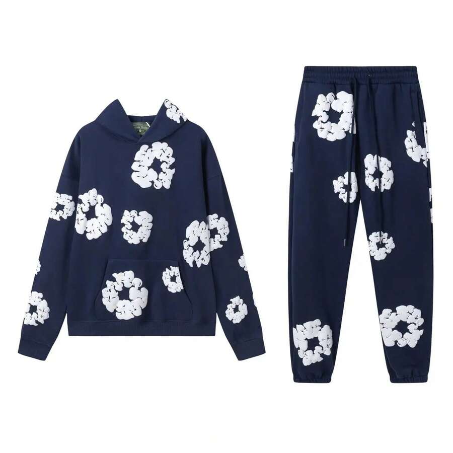 Denim T Gothic Peony Print Sweatsuit Set 2025, Hip Hop Streetwear Oversized Hoodie & Joggers, Y2K Retro Graphic Lounge Set, Unisex Autumn Winter Daily Wear - Navy Blue - View 1