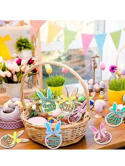 4pcs Easter Bunny Egg Decorations, Wooden Hanging Rabbit Decor With Plaid Bow And Letter Design, Cute Hollow Spring Hanging Ornaments For Home, Indoor/Outdoor Garden Tree Decoration, Easter Holiday Decor, DIY Painting Hanging Crafts, Party Supplies, Birthday, Festival, Housewarming, Party Favors, Easter, Valentine's Day, Thanksgiving, Mother's Day, Teacher's Day Gifts