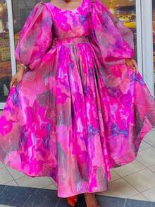Women's Elegant Floral Print Maxi Dress - Ankle-Length Boho Casual Long Dress - Hot Pink - View 5