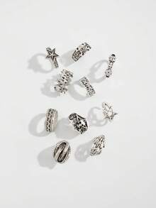 10pcs/Set Vintage Dark Style Open Rings, Dice/Feather Multi-Element Ring Set, Unisex, Suitable For Casual Wear With Hoodies/ Outfits - Silver - View 2