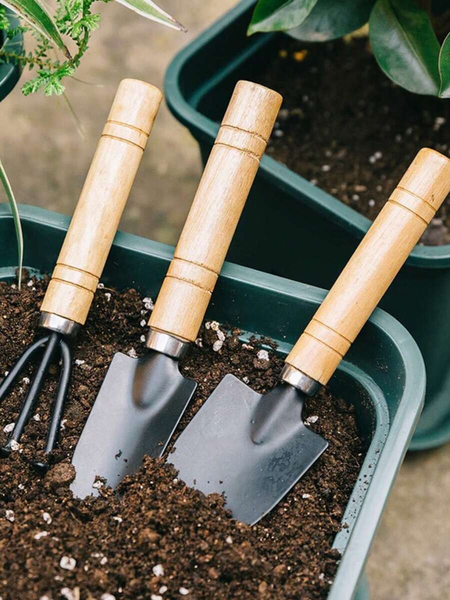 Mini trädgårdsredskapsset, 3 delar trädgårdsspade Litet trädgårdsredskapsset, mini-växtträdgårdsverktyg Mini trähandtag Handhållen mini-spade Kratta Trädgårdsset Verktyg - Brun - Visa 1