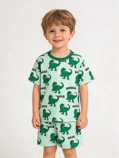 2pcs Set Fashionable Cute Dinosaur Print Short Sleeve Shorts, Soft Knit Fabric, Casual College Style Vacation Outfit, Suitable For Outdoor Activities, Picnic, Street, School, Cycling, Running, Party, Gathering, Daily Casual Wear