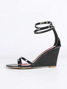 Sandal Wedges Ujung Terbuka, Sandal Hak Tinggi Bertali Seksi Hitam Musim Panas Baru untuk Wanita, Modis - Hitam - View 6