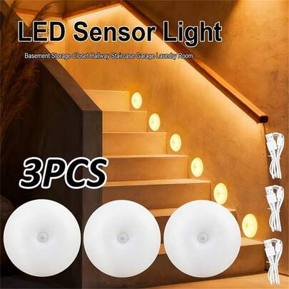 3pcs Round LED Motion Sensor Lights, Small Bedside Night Lights, Under-Cabinet Lighting, Easy Magnetic Installation, Rechargeable, Adjustable With Two Lighting Modes: Smart Sensor Mode And Constant Light Mode (250mAh)