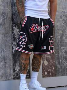 Men's Mesh Chicago 23 Letter & Number Print Casual Sports Shorts With Drawstring, Suitable For Spring/Summer - Multicolor - View 1