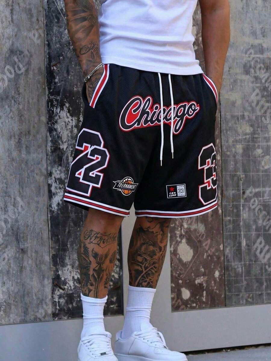 Men's Mesh Chicago 23 Letter & Number Print Casual Sports Shorts With Drawstring, Suitable For Spring/Summer - Multicolor - View 1