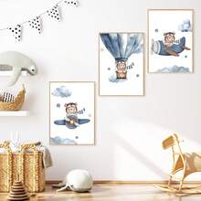 1幅帆布墙画 - 飞熊主题婴儿房装饰：飞机和热气球设计婴儿用品 - 带框幼儿房墙画，非常适合游戏室装饰、幼儿园装饰、男孩房装饰、女孩卧室装饰、儿童房装饰 - 彩色 - 查看 6