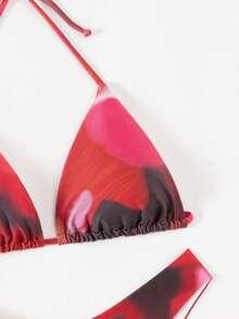 2026 New European & American Style Red Ombre Sexy Elegant Bohemian Casual Lace-Up Backless Halter Neck Vacation Beach Bikini Set With Long Sleeve Top And Half Skirt