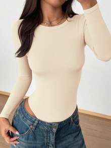 PRETTYGARDEN Women Spring Bodysuits For Long Sleeve Shirts Fitted Basic Ribbed Layering Bodys Tops Fall Fashion Winter Clothes Beige Vacation Rompers Outfits For Women - 米色 - 查看 6