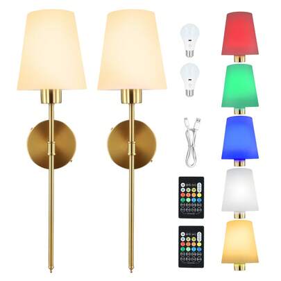 Battery Operated Wall Sconce Set Of 2, Rechargeable Wall Lights With 5000mAh Dimmable Detachable Charging Bulbs And Remote, 3 Color Temperature Wireless Sconces For Bedroom Living Room Hallway