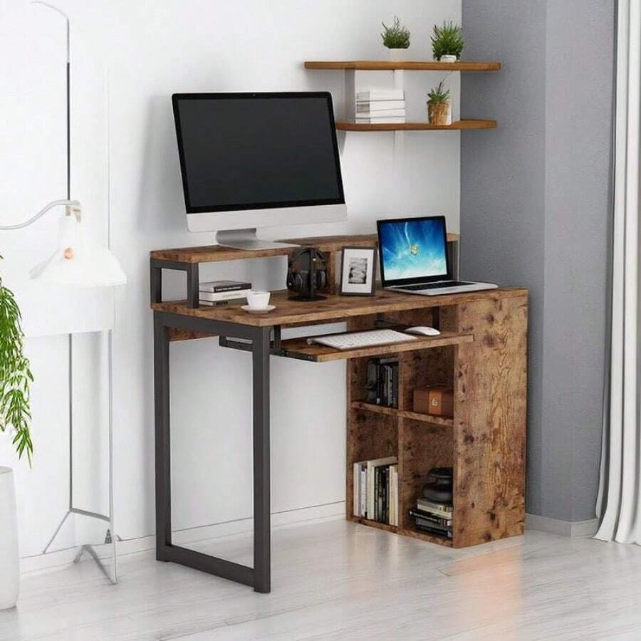 Escritorio para Computadora con Toma de Corriente Mesa de Oficina en Casa para Gaming y Estudio Escritorio de Esquina con Bandeja para Teclado Soporte para Monitor y Estantes - Marrn - Ver 1