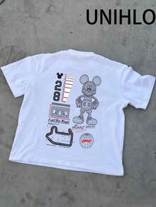 Disney UNIHLO  Street Life Men's Casual Loose  Mickey  Cartoon  Print Short Sleeve T-ShirtSummer - 白色 - 查看 3