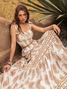 优雅方领长裙：飘逸的多层荷叶边裙摆，饰以精致刺绣图案，配有腰带，无袖设计，柔美A字廓形——完美适用于花园婚礼、新娘写真、浪漫周年庆典、正式花园派对和私奔。 - 米色 - 查看 9