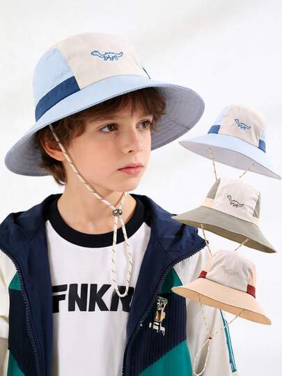 1pc Kids' Sun Protection Hat, Summer UV Protection Sun Hat For Boys, Infant Dinosaur Embroidery Contrast Color Wide Brim Bucket Hat