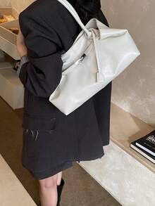 1pc Women's Large Capacity Handbag, PU Leather Shoulder Bag, Casual Classic Minimalist Designer Business Style Bag, Fashion Ladies Commuter Bag, Black, White, Brown, Silver - Beige - View 3