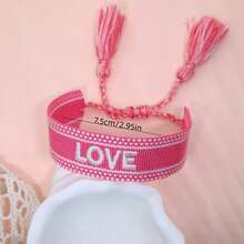 1pc Handmade Bohemian Braided Bracelet With Love Letter Embroidery And Tassel Decor - Pink - View 5