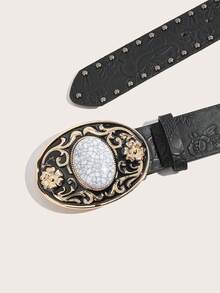 1 chiếc thắt lưng nữ kiểu cổ điển với khóa khắc, thắt lưng da PU dập nổi cổ điển, phụ kiện thời trang, phù hợp với quần và váy. - màu đen - Xem 4