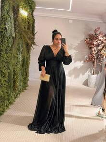 Long Tulle Dress For Weddings, Graduations, Bridesmaids, With Glitter And Long Sleeves. - màu đen - Xem 2