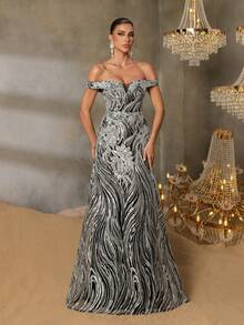 Faeriesty Đầm dạ hội nữ thanh lịch hở vai đính sequin, thiết kế thắt nơ sau lưng, kiểu dáng ôm sát trang trọng, phù hợp cho các buổi dạ tiệc trang trọng, sự kiện thảm đỏ, vũ hội, trang phục dự đám cưới và các bữa tiệc ngày lễ. Tiệc mùa xuân nghỉ lễ. - Bạc - Xem 3