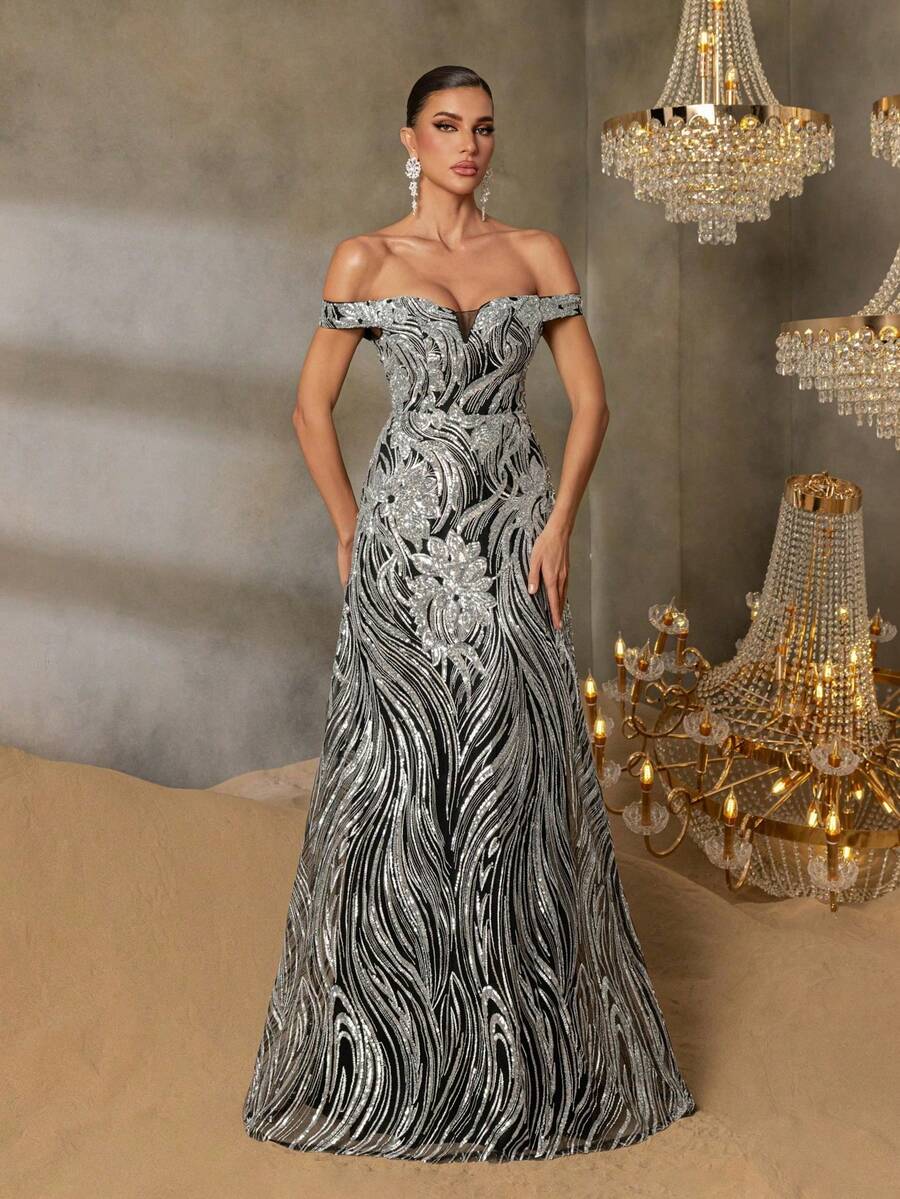 Faeriesty Đầm dạ hội đính sequin hở vai với dây buộc phía sau, lý tưởng cho các buổi dạ tiệc, sự kiện thảm đỏ, trang phục dự đám cưới và các bữa tiệc ngày lễ. - Bạc - Xem 1