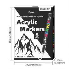 Set de 8 markere cu vopsea acrilică alb-negru, capacitate mare de cerneală, potrivite pentru ilustrații, pietre, schițe, lemn, sticlă și alte materiale - Consumabile de artă - Alb-negru - Vizualizare 3