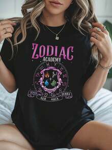 Women's Zodiac Academy & Astrology T-Shirt - Ignis Aer Aqua Elements & Zodiac Signs Graphic Print Short Sleeve Crew Neck Top, Casual Spring Summer Blouse For Themed Events & Casual Attire (Machine Washable) Women's Plus Size Loose Fit T-Shirt - Soft Breathable Premium Cotton Casual Tee, Curvy-Friendly Non-Clinging Top For Daily Wear & Errands - 黑色 - 查看 1