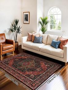 1pc Vintage Distressed Style Rug, Red Bohemian Moroccan Polyester Fiber Comfortable, Rectangular Easy Care Washable Area Carpet For Living Room, Hallway, Bedside, Home Decor