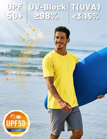 KEFITEVD Men's Rash Vest Rash Guard UV Shirts UPF 50+ Swim Top Short Sleeve Quick Dry T-Shirt For Surfing Running Hiking - 黃色 - 查看 2