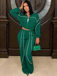 黑白撞色条纹两件套运动服，包括一件短款拉链外套和一条阔腿裤，休闲时尚，弹性腰带，适合日常外出和街头潮流，四季皆宜。 - 綠色 - 查看 2