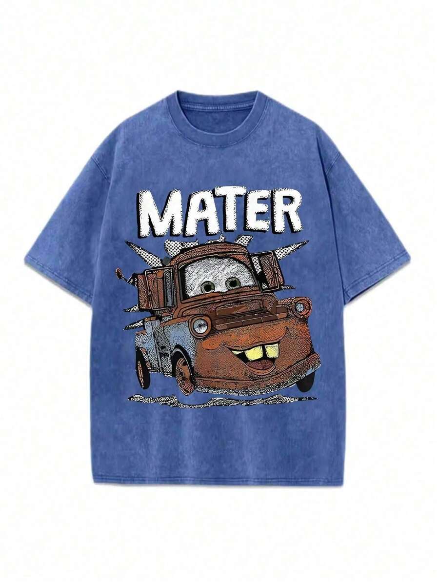 Disney Disney Cars MATER Pattern Street Style 100_ Pure Cotton Vintage Round Neck Sweatshirt, Comfortable Round Neck T-Shirt, Suitable For Travel And Vacation, Unisex. - 寶藍色 - 查看 1