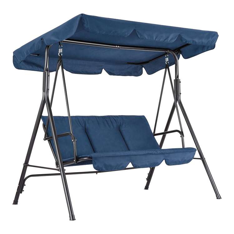 Columpio para Exterior con Toldo Ajustable │ Silla Columpio de 3 Asientos para Adultos con Cojines Gruesos │ Estructura de Acero Resistente │ Ideal para Porche, Jardín o Patio Trasero - Azul - Añade 1