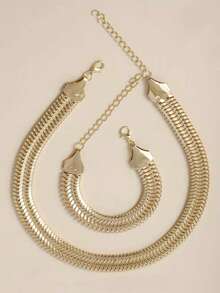 مجموعة مكونة من 2 قطعة: 1 قلادة و 1 سوار، بتصميم عصري أوروبي وأمريكي بسلسلة عريضة للترقوة، مصنوعة من الفولاذ المقاوم للصدأ، مجوهرات شخصية - الذهبي - مشاهدة 7