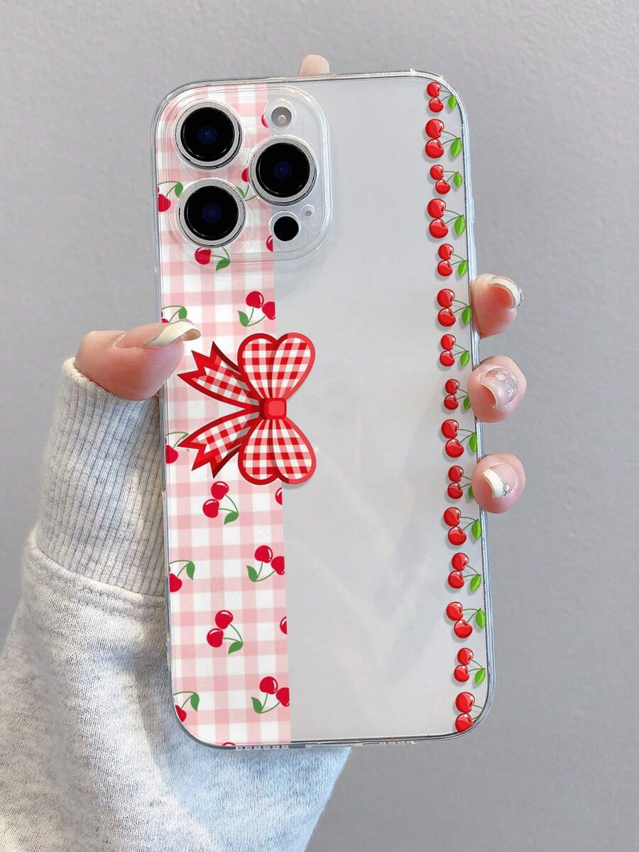 1pc Cherry Bow Pattern Transparent Soft TPU Phone Case, Anti-Fall Anti-Scratch Anti-Fingerprint, Precise Camera Cutout Compatible With Samsung, Apple, Nothing, Pixel, INFINIX, Redmi - Multicolor - View 1