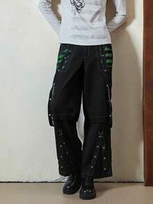 Jeans cargo de mujer, pantalones casuales sueltos con cierre de botón y cremallera a rayas, con bolsillos, estilo urbano - Negro y verde - Ver 2