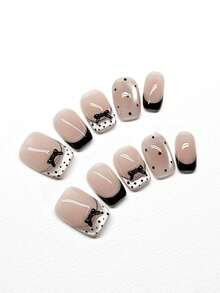 10片纯手工制作美甲贴片，短款方形美甲，黑色美甲，甜美清爽优雅风格，裸粉色搭配黑色法式边，立体蝴蝶结手绘波点猫眼简约可爱美甲贴片，适合女性和女孩，春夏秋冬节日派对及日常美甲用品。 - 黑色 - 查看 4