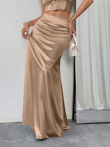 Falda de línea A de punto brillante de unicolor elegante y casual para mujer VIVINA, adecuada para uso diario, citas, salidas, looks de aeropuerto, invitados de boda, viajes de primavera y verano - Albaricoque - Ver 7