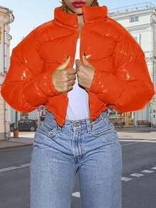 Women's Winter Stand Collar Cropped Coat,Shiny PU Puffer Jacket,  Quilted Oversized Padded Outerwear For Street Style - 深橙色 - 查看 1
