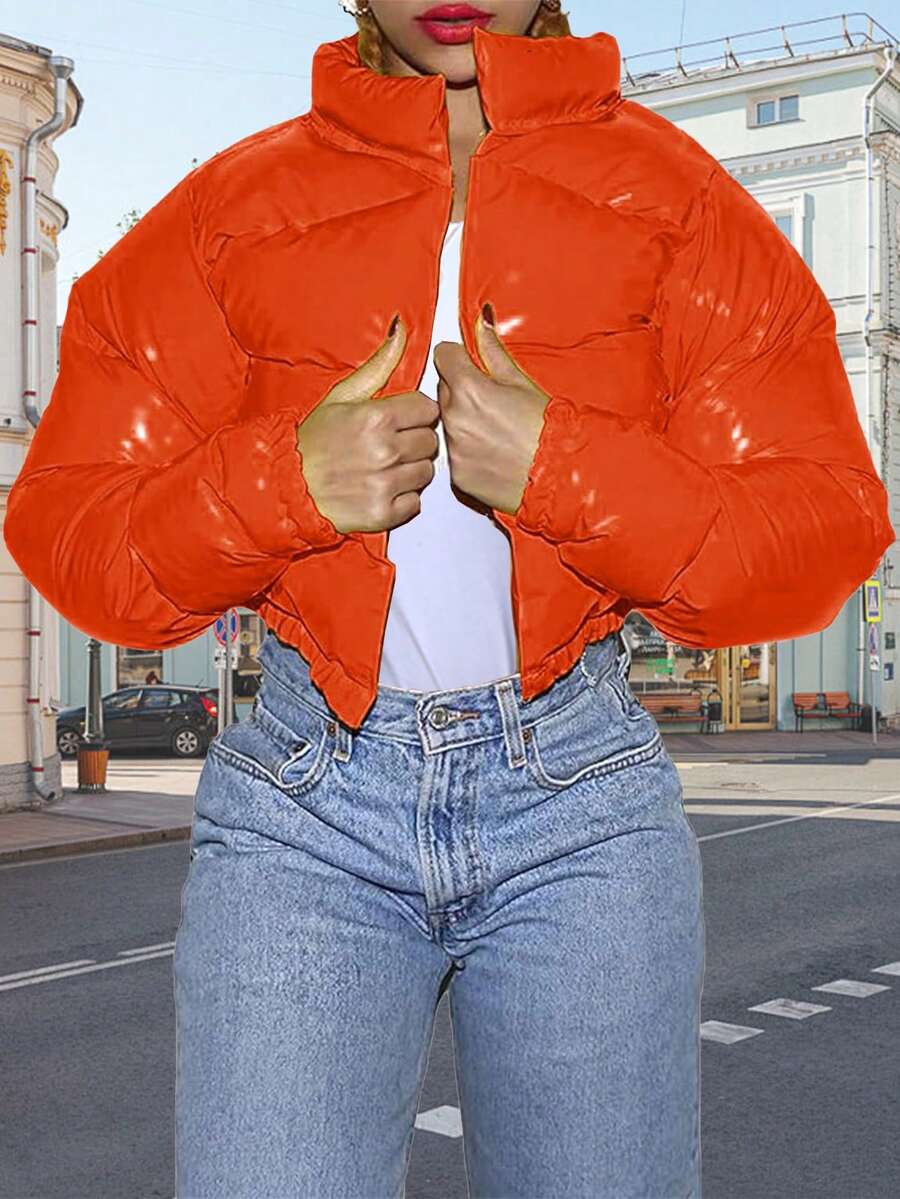 Women's Winter Stand Collar Cropped Coat,Shiny PU Puffer Jacket,  Quilted Oversized Padded Outerwear For Street Style - 深橙色 - 查看 1