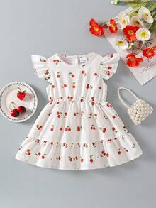 2-5岁女童樱桃印花纯棉公主裙，可爱时尚儿童夏季连衣裙 - 紅白色 - 查看 2