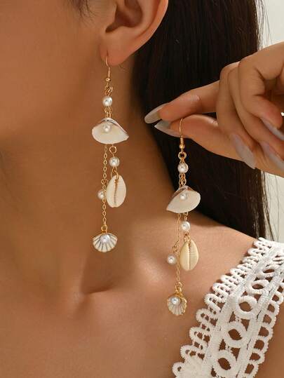 1 Pair Bohemian Ocean Style Shell, Seashell, Starfish Metal Alloy Earrings, Paired With Elegant Faux Pearl Charm, Attractive Women Jewelry Earrings Suitable For Daily Wear, Beach Date, And Vacation. The Shell Pattern And Size Are Random.