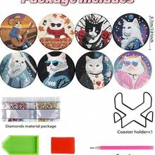 8件套钻石画杯垫带支架，钻石艺术工艺套装，全钻钻石画套装，适合成人初学者，全钻（时尚猫形） - 彩色 - 查看 4