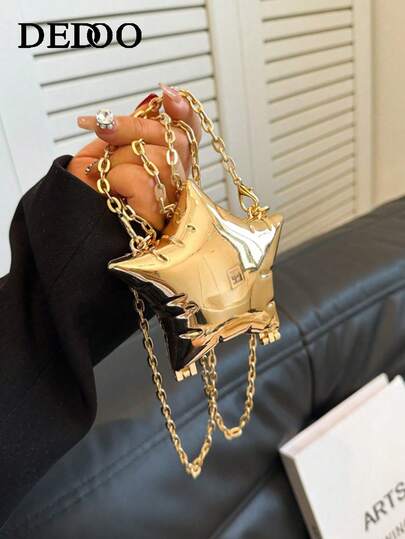 1pc New Mini Metal Pouch, Electroplated Silver Coin Purse, Shiny Avant-Garde Metallic 5-Pointed Star Handbag, Star Chain Crossbody Bag, Asymmetric Handheld Bag, Accessory Pouch, Elegant Coin Purse, Earphone Case , Wedding