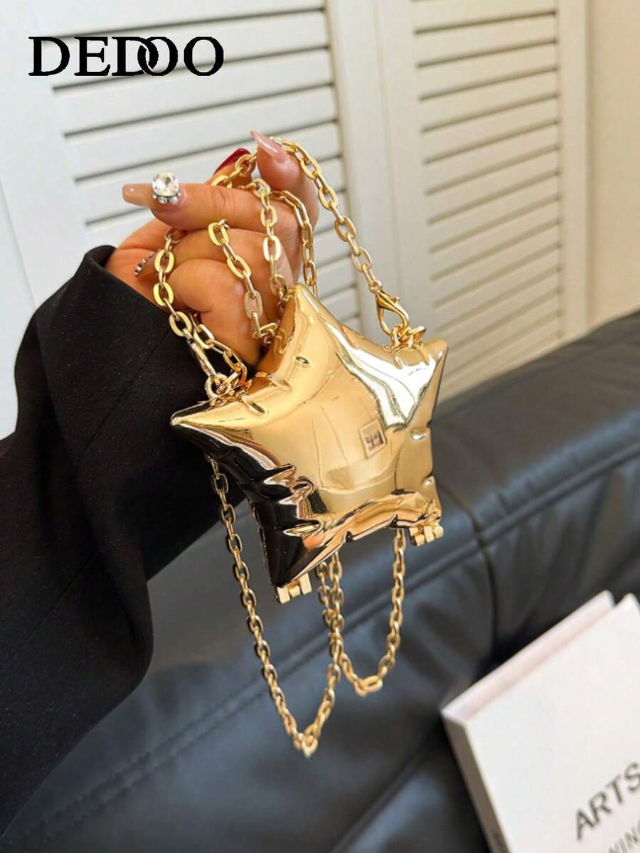 1pc New Mini Metal Pouch, Electroplated Silver Coin Purse, Shiny Avant-Garde Metallic 5-Pointed Star Handbag, Star Chain Crossbody Bag, Asymmetric Handheld Bag, Accessory Pouch, Elegant Coin Purse, Earphone Case , Wedding - Gold - View 1