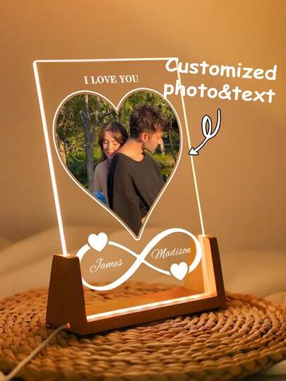 1pc Personalized Photo Night Light Sign, Couple Lamp, Customized Acrylic Frame, Bedroom Decor, Customized LED Night Light, Sleep Companion Light, Gift For Him And Her, Friends, Family And Relatives, Customized Photo & Text, Couple Name Customized LED Light, Acrylic Photo Lamp, Holiday Gift, Anniversary Gift, Birthday Gift, Valentine's Day